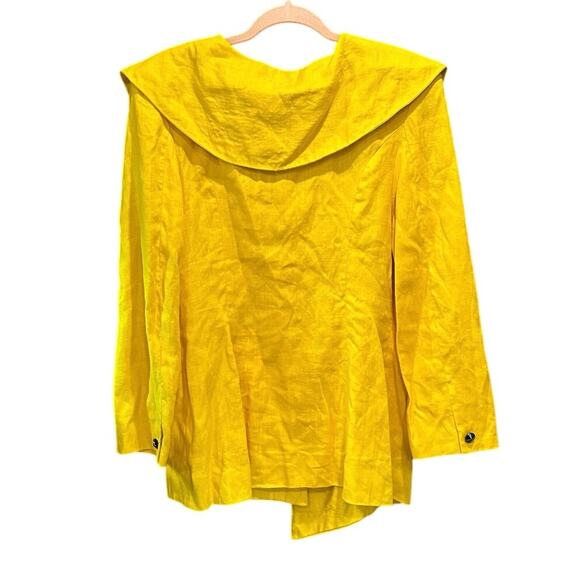 Vintage Bright Yellow 100% Linen Asymmetrical Button Blazer Peter Pan Collar - Picture 3 of 9